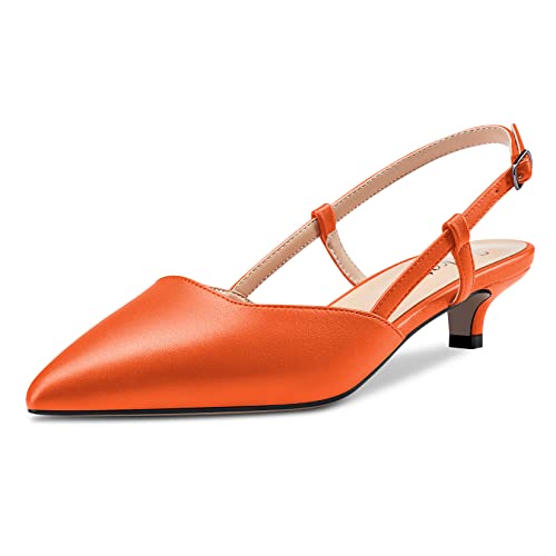 Saekcted Damen Spitze Zehenkappe Kitten Niedrige Absatz Heel Slingback Pumps Slip-on Cute Dress Sandalen 3.5 CM Heels Orange Matt 38 EU von Saekcted