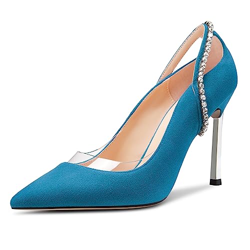 Saekcted Damen Stiletto Hoher High Absatz Heel Spitze Zehenkappe Pumps Slip-on Diamant Kristall Party Glitzer Clear Sommer 10 cm Heels Blau 39 EU von Saekcted