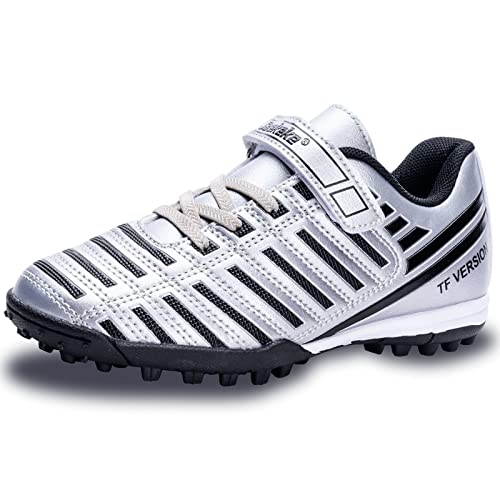 Saekeke Fußballschuhe Kinder TF mit Klettverschluss Fussballschuhe Jungen Mädchen Outdoor rutschfest Sport Trainingsschuhe S2129 Silber Schwarz EU30 von Saekeke