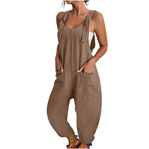 Damen Jumpsuit Shorts Bündchensaum Tasche Geknotete Schnallenriemen Solide Short Spaghetti Jumpsuit Damen Sommer Elegant Ärmellos Overall Kurze Hose Einteilige Shorts (Khaki, M) von Saingace