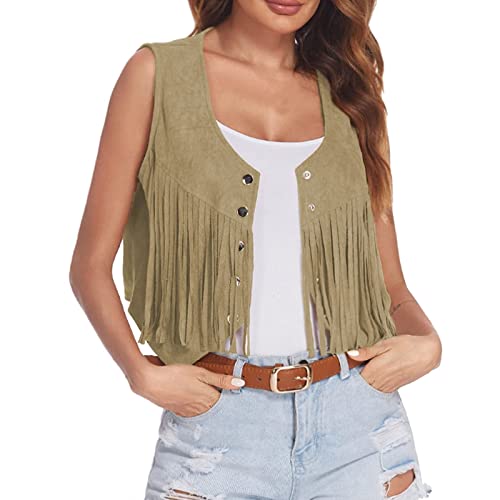 Fransenweste für Damen Wildlederimitat Vintage-Weste ärmellos 70er-Jahre-Hippie-Kleidung Boho-Westernjacke Ärmellose Sommer-Western-Denim-Punk-Cardigan-Jacke für Damen mit Fransen (01#braun, M) von Saingace