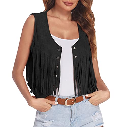 Fransenweste für Damen Wildlederimitat Vintage-Weste ärmellos 70er-Jahre-Hippie-Kleidung Boho-Westernjacke Ärmellose Sommer-Western-Denim-Punk-Cardigan-Jacke für Damen mit Fransen (01#schwarz, L) von Saingace