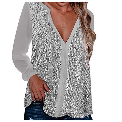 Glitzer Oberteile Damen Party Pailletten Langarm Pailletten Silber T-Shirt Langarmshirt Festlich Glitzer Bluse Wedding Spitze Hochzeit Langarm Glitzertop Tunika Damenbluse #01 von Saingace