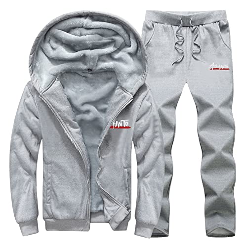 Herren Casual Mantel Hose Set Brief Drucken Zweiteilige Plüsch Kapuzen Tasche Mantel Kordelzug Solide Warme Hosen Set Herren-Fleece-Kapuzenjacke Schnürhose zweiteiliger Anzug von Saingace