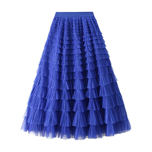 Saingace Damen Chiffon Midirock Elegante Lang Rock Elastische Taille Sommerrock Plisseerock Strandrock Mesh-Volant-Temperament-Rock,Promi-Langrock,Schlanker Kuchenrock-Rock (Blau, L) von Saingace