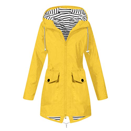 Saingace Damen-Outdoorjacke mit Kapuze wasserdichte Damen Einfarbige Regenjacke im Freien Übergröße mit Kapuze Winddicht lockerer Mantel Dünne Trenchcoats Mittlere Länge Oberbekleidung (01#Gelb, 3XL) von Saingace