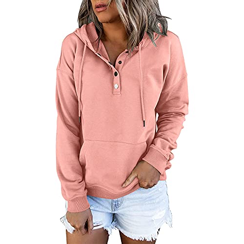 Saingace Damen-Pullover Lässiger Pullover mit einfarbigem Kapuzenpullover Kapuzenoberteile mit Taschenknopf V-Ausschnitt Sweatshirts modische Pullover-Oberteile Tunika-Blusenhemden (01#Rosa, 3XL) von Saingace