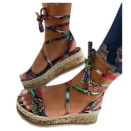 Saingace Sandalen Damen Sommer Keilabsatz Schuhe Sommerschuhe Plateau Sandalen Sommer Schuhe Für Frauen Dicken Sohlen und offenen Zehen,Espadrilles Schuhe und Schlangenmuster (Mehrfarbig, 38) von Saingace