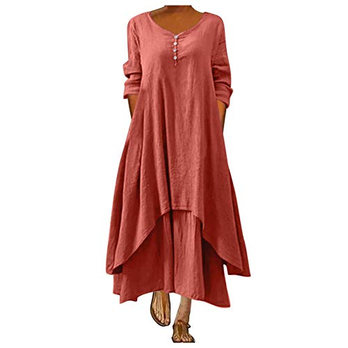 Sommerkleid Damen Leinen Kleider Lang Leinenkleid Kaftan Kleid Maxikleid Elegant Große Größen Baumwolle Leinen Blusenkleid Boho Casual Freizeitkleid Maxi Langes Sommer Strandkleid (Orange, XXL) von Saingace