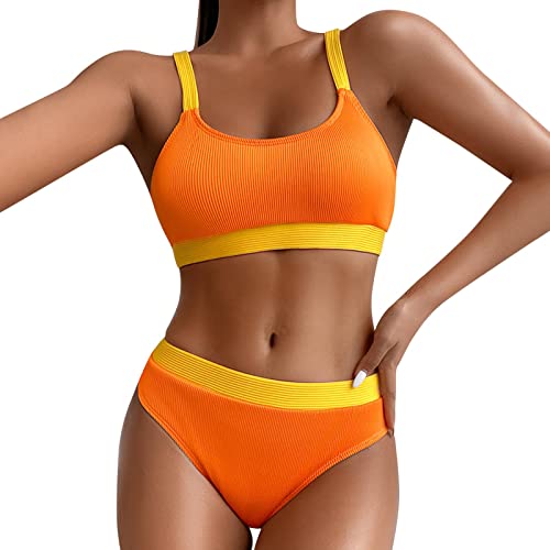 Sport Bikini Damen Gepolstert Push Up Bikini Set Gerippte Bustier Breite Träger Bikinis Bademode Strandmode Sportlich High Waist Bikini-Sets für Damen Zweiteiliger Badeanzug Swimsuit (C, L) von Saingace