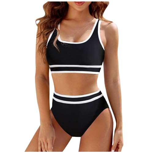 Sport Bikini Damen Gepolstert Push Up Bikini Set Gerippte Bustier Breite Träger Bikinis Bademode Strandmode Sportlich High Waist Bikini-Sets für Damen Zweiteiliger Badeanzug Swimsuit von Saingace