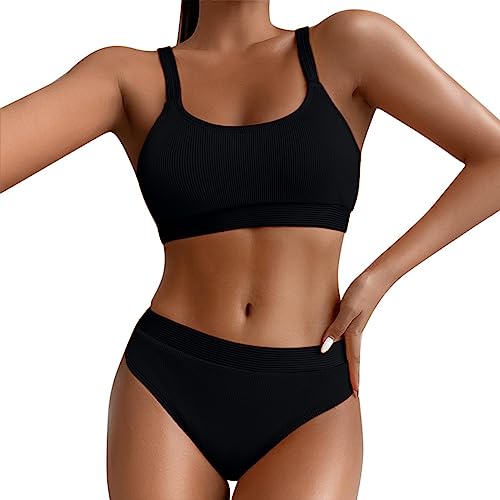 Sport Bikini Damen Gepolstert Push Up Bikini Set Gerippte Bustier Breite Träger Bikinis Bademode Strandmode Sportlich High Waist Bikini-Sets für Damen Zweiteiliger Badeanzug Swimsuit von Saingace