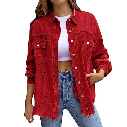 Übergroße Jeansjacke für Damen im Herbst und Frühling lässig lang Boyfriend-Jeansjacke Distressed-Look 2023 Damen-Jeansjacke mit gewaschenem rohem Rand mittellange lockere Jacke (01#rot, XXL) von Saingace