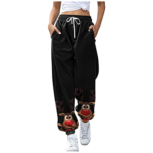 Weihnachtsleggings Damen Weihnachten Hose Leggings Rentier-Motiv Sportleggins Winterleggings Trainingshose Teenager Mädchen Weihnachtsmotiv Sweatpants Laufhose Festliche Geschenk (01#schwarz, XXL) von Saingace