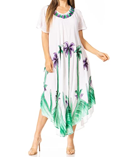 Sakkas 116 Aquarell Palme Tank Kaftan Kleid - weiß/grün/Einheitsgröße von Sakkas