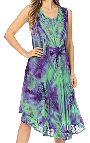 Sakkas 15803 - Nora ärmelloses Besticktes kurzes Tie Dye Kaftankleid/Cover Up - 4-Grün - OS von Sakkas