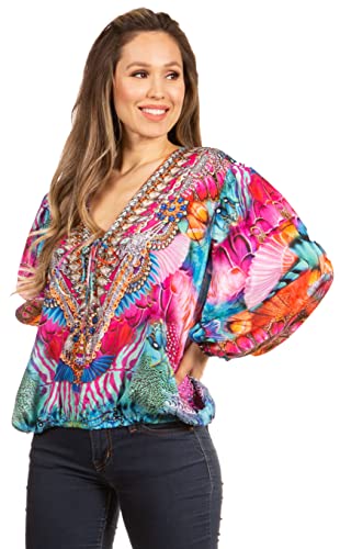 Sakkas 1700 - Sante Damen Boho Lose V-Ausschnitt Langarm Elastische Tunika Top Bluse Floral - 584-Pink - S/M von Sakkas