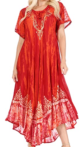 Sakkas 17260 - Devora Frauen Maxi Nightgown Kaftan Kaftan Kleid Tie Dye Batik & Korsett - Red-Burg - OS von Sakkas