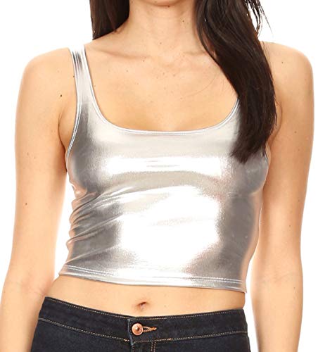 Sakkas 18-1507 - Frauen Stretchy Sleeveless Liquid Metallic Club Crop Tanktop Made in USA - Silber - 1X von Sakkas