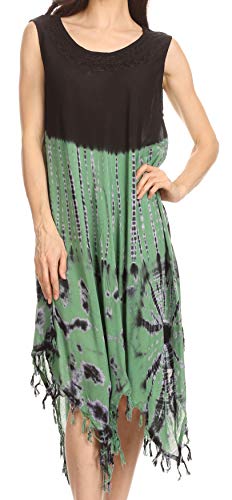 Sakkas 19260 - Dori Frauen Lange Ärmel Lässig Loose Swing Midikleid Kaftan Cover-up - SchwarzGrün - OS von Sakkas