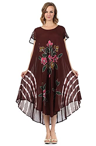 Sakkas 615D Gesticktes gemaltes Blumen-Kappen-Hülsen-Rayonne Kleid - Brown/eine Größe von Sakkas