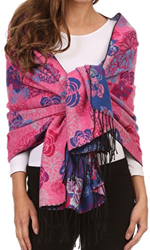 Sakkas CHS1810 Ontario Doppelschicht Blumen Pashmina/Schal/Wrap/Stola mit Fransen - 3-Kobalt - One Size Regular von Sakkas