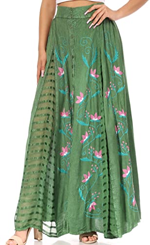 Sakkas SK-21222 - Sarita Damen Casual Boho Maxi Floral Langer Rock mit elastischer Taille Slim - Grün - OS von Sakkas