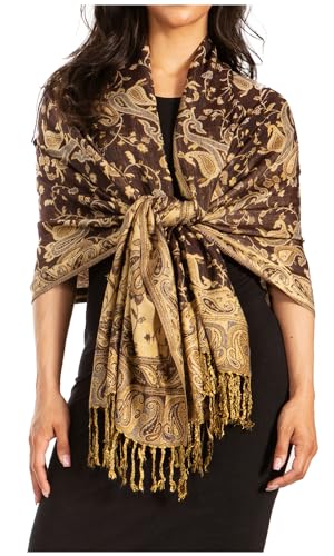 Sakkas Soft Seidiger doppellagiger Jacquard-Paisley-Pashmina-Schal/Wickeltuch/Schal - Schwarz/Gold von Sakkas