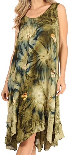 Sakkas UD42-210 - Magy Damen lässig Sommer ärmellose lose Tank Kleid Tie-Dye Blumendruck - Olive - OS von Sakkas