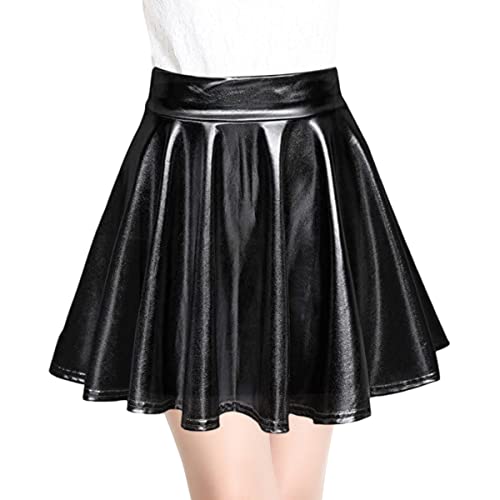 SamHeng Damen Metallischer Faltenrock Mini Skater Minirock Shiny Metallic Plisseerock Low Rise Röcke Tanz Tutu Party Club Kostüm Schwarz von SamHeng