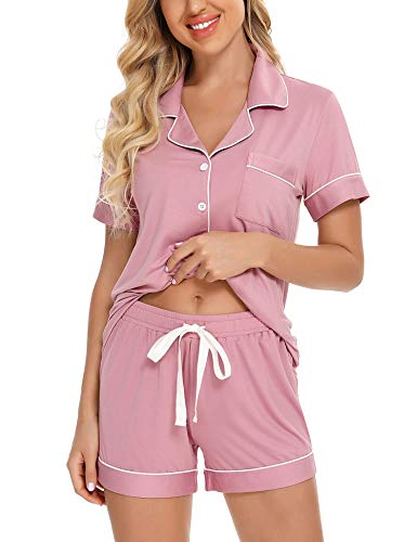 Samring Damen Button Down Pyjama Set V-Ausschnitt Kurzarm Nachtwäsche Weiche Pj Sets S-XXL, A Style Pants No Pockets-Bean Paste, S von Senert