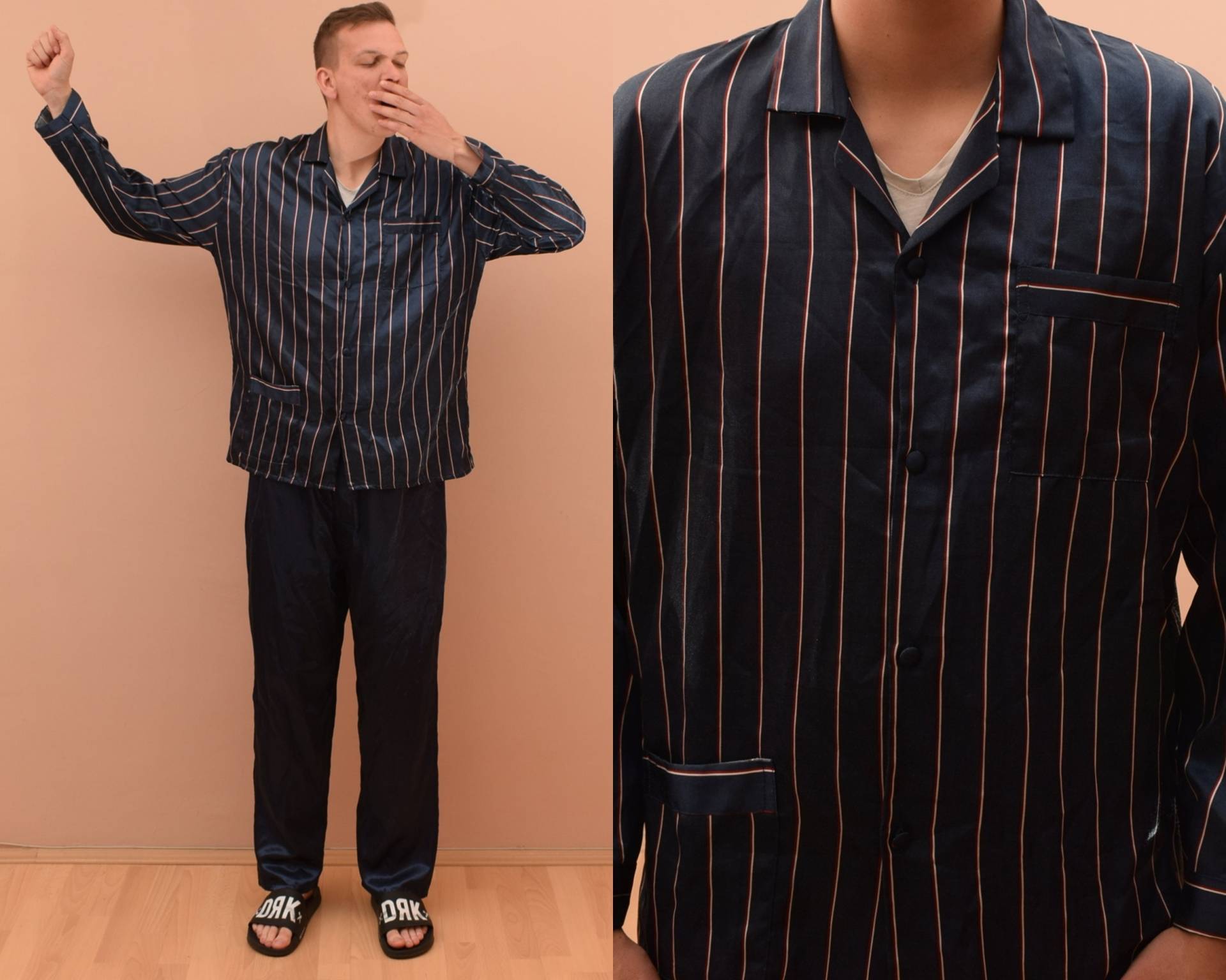 Vintage Gestreiftes Pyjama Set Herren Größe Uk 42/Eu 52 L Mann Schlafanzug Shirt & Hose Dunkelblau von SamuelsCollection