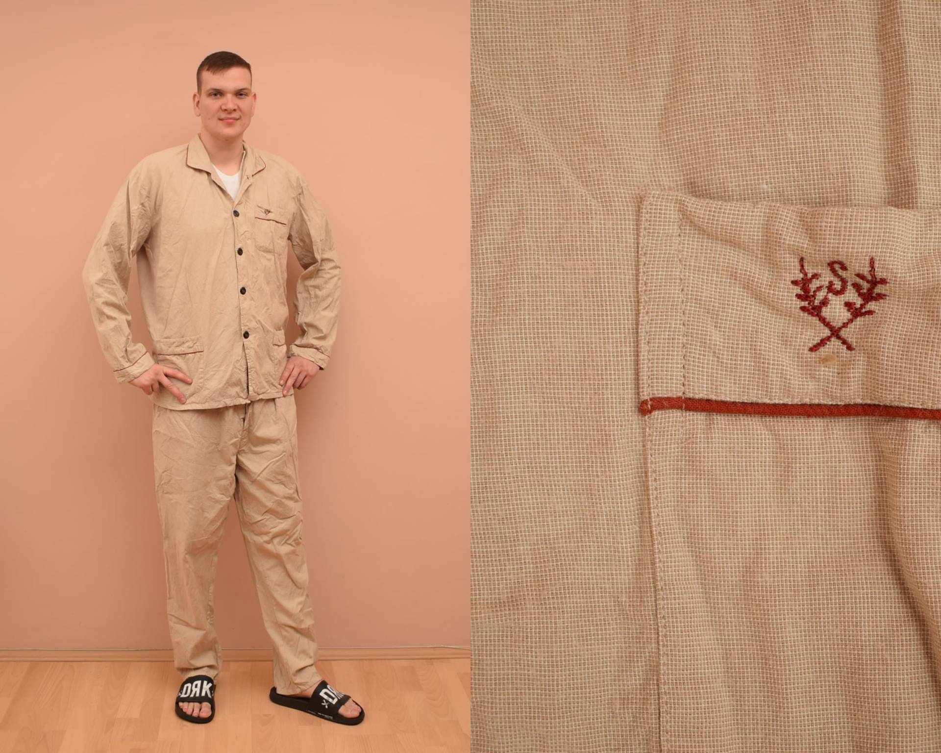 Vintage Pyjama Set/Herren Größe Xl Uk 44 Eu 54 Schlafanzug Shirt & Hose Baumwolle Männer Beige von SamuelsCollection