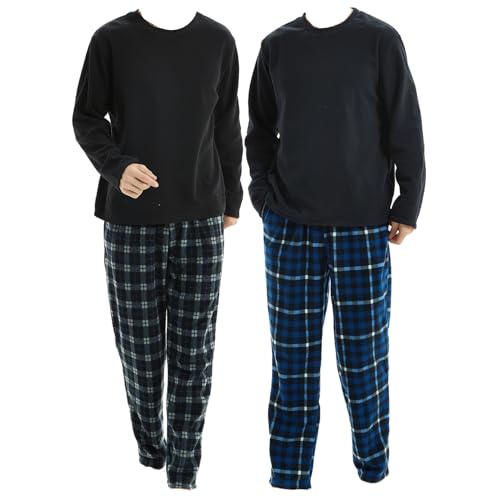 SaneShoppe Herren Thermo Fleece Pyjama Set, 2er Pack Luxus Langarm Loungewear 2 Taschen Kariert Bequeme Lounge Pj Nachtwäsche Herren Marineblau Schwarz - L von SaneShoppe