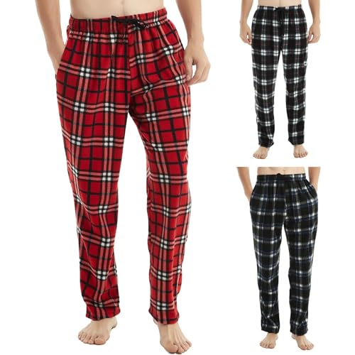 SaneShoppe Herren Thermo Fleece Pyjama Lounge Hose Winter Bottom - Warm, Komfortabel, Größen M bis 3XL, 3 Pack weiche Loungewear Kariert Flauschig 2 Taschen Kordelzug Pyjama Herren Schlafanzug Pj - L von SaneShoppe