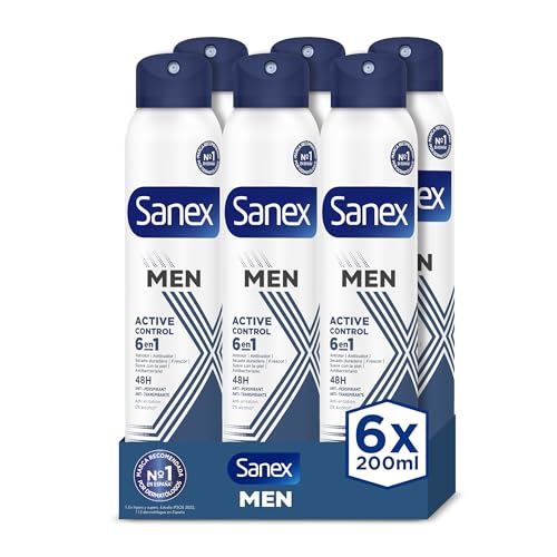Sanex Men Active Control Deodorant Spray für Herren, 6 Stück x 200 ml, 48H-Schutz, Antitranspirant, Anti-Irritation, 0% Alkohol, bekämpft schlechten Geruch, Langzeitschutz von Sanex