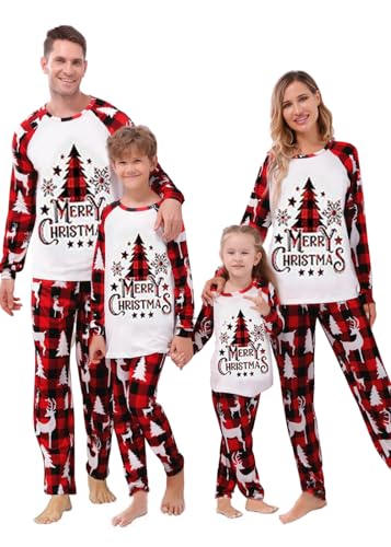 Weihnachten Schlafanzug Familien Weihnachts Pyjama Set Langarm Zweiteiler Outfit Herren Damen Kinder Christmas Weihnachtsbaum Muster Hausanzug (Rot,Damen,L) von Sangdut