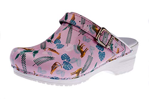 Sanita Animal Leopard offener Clog | Original handgemacht | Flexible Leder-Clogs für Damen | Anatomisch geformtes Fußbett mit weichem Schaum | Verstellbarer Fersenriemen | Pink | 37 von Sanita