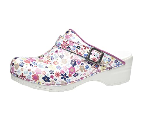 Sanita Little Flower offener Clog | Original handgemacht | Flexible Leder-Clogs für Damen | Anatomisch geformtes Fußbett mit weichem Schaum | Verstellbarer Fersenriemen | Pink Flower | 38 von Sanita