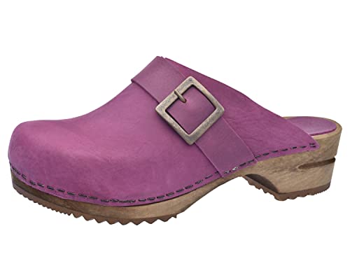 Sanita Urban Offener Clog | Original handgemacht | Leder-Holzclogs für Damen | Dunkelpink | EU 36 von Sanita