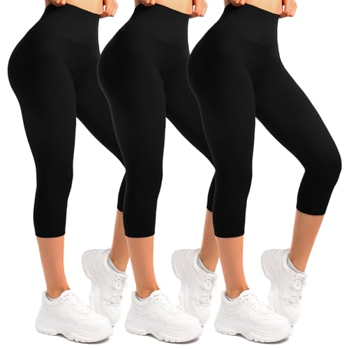 Sanpetix Capri Leggings Damen, High Waist Blickdicht 3/4 Leggins Schwarz für Sport 3 Pack SM von Sanpetix