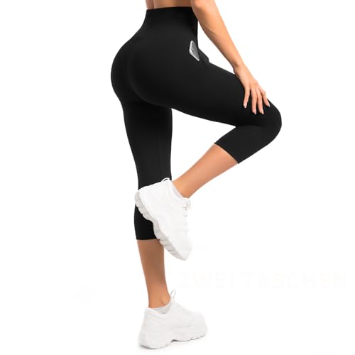 Sanpetix Capri Leggings Damen mit Taschen, 3/4 Sport Leggings Damen High Waist für Yoga Fitness Cycling Schwarz 1 Pack SM von Sanpetix