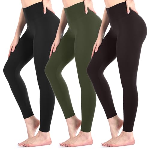 Sanpetix Leggings Damen, 3er Pack, High Waist Blickdicht Leggings für Damen Schwarz/Armeegrün/Kaffee SM von Sanpetix