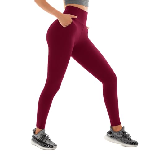 Sanpetix Sport Leggings mit Taschen Damen, High Waist Sporthose Damen Lang 1 Pack Weinrot XXL von Sanpetix