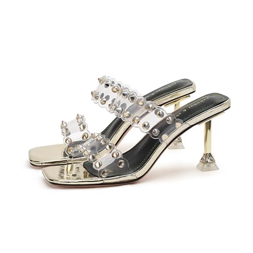 Damen Klar Nieten Strass Slide Sandalen Slip on Offene Zehe Niedlich Strass Blockabsatz Slide Sandalen für Sommer (Color : A, Size : EU(CN)35/US4) von SanzIa