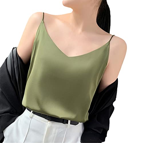 Sommer Damen Mode Seide Camisole Weiß Bottoming V-Ausschnitt Dünn Satin Top, armee-grün, Large von SaoBiiu