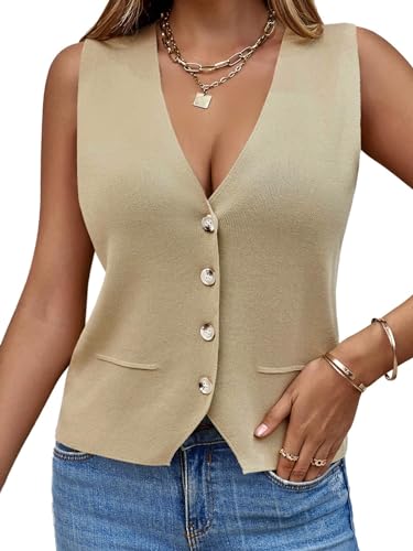 Saodimallsu Damen Ärmellos Pullover Weste Stricken V Hals Knopf Mode Lässig Lose Strickjacke Khaki, S Saodimallsu Damen Ärmellos Pullover Weste Stricken V Hals Knopf Mode Lässig Lose Strickjacke Khaki, S von Saodimallsu