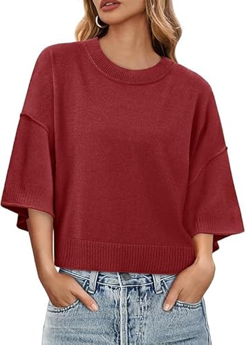 Saodimallsu Damen Pullover Kurzarm Rundhals Oversized T-Shirt Sommer Leicht Fledermausärmel Strickpullover Einfarbig Elegante Oberteile Tops Rot XS Saodimallsu Damen Pullover Kurzarm Rundhals Oversized T-Shirt Sommer Leicht Fledermausärmel Strickpullover Einfarbig Elegante Oberteile Tops Rot XS von Saodimallsu