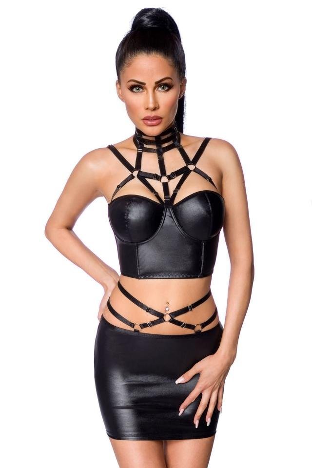 Saresia Set: Bügel-BH Wetlook-Reizwäsche mit Minirock Kunstleder Bustier (Set) von Saresia