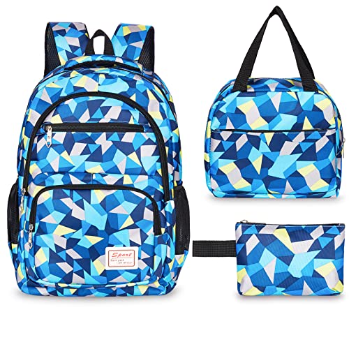 Sarsumir Schulrucksack Schulranzen Set für Mädchen Jungen Teenager, 3 Stück Rucksack Schule Wasserdicht Lässig Kinderrucksack, Licht Großer Schultasche School Bag für Damen Kinder, Blau von Sarsumir